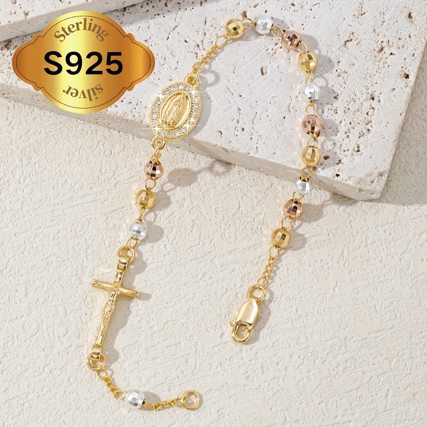 S925 Silver Virgin Mary Cross Rosary Bracelet